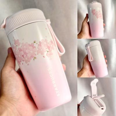 星巴克杯子渐变粉色樱花510ml樱花粉白双饮口不锈钢保温杯随行杯