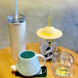 韩国星巴克杯子拉美海洋蓝色可爱黄帽小熊立体玻璃吸管杯乌龟马克