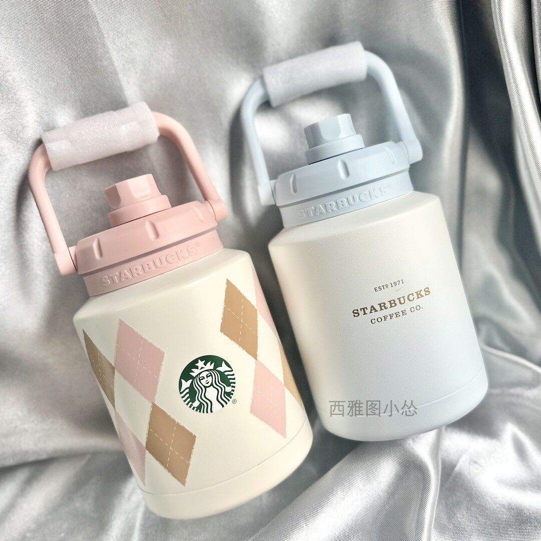 星巴克杯子经典白色不锈钢运动壶手提保温杯吨吨桶大容量高颜值