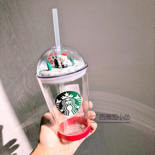 星巴克杯子韩国2019圣诞情景小熊玻璃拱盖吸管杯办公室喝水茶杯