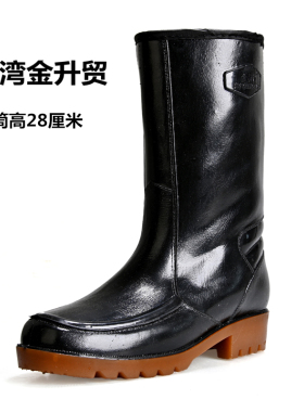 台湾金升贸中筒男黑色仿皮纹防滑防水耐磨加棉保暖雨靴雨鞋套水鞋