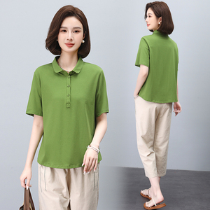 短袖t恤女2024年新款夏季polo衫套装女大码显瘦夏减龄妈妈上衣