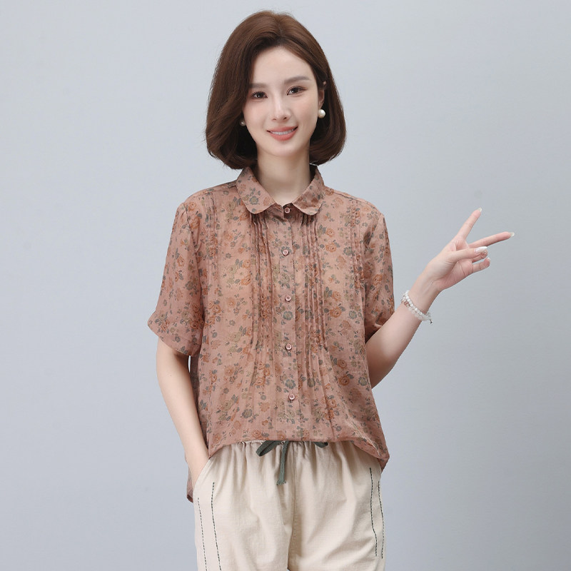 时尚印花高端上衣苎麻翻领衬衫女,女装衬衫,3200格调