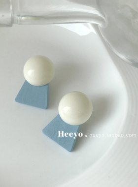 heeyo 慵懒假日/ 奶油色韩风ins银耳钉设计感简约温柔浅蓝色耳环