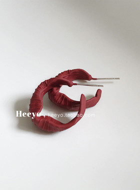 heeyo 荆棘玫瑰/ 韩风复古圈圈酒红C形耳环ins气质圆环银耳钉耳圈