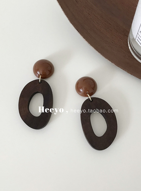 heeyo 加纳牧记/ 度假夸张几何木质耳坠小众复古棕色耳夹银针耳饰