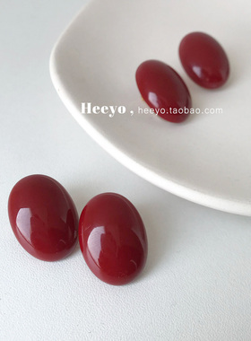 heeyo 朱砂夜行/ 新年酒红色银耳钉港风气质安可拉红椭圆耳夹耳环
