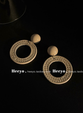 heeyo 未至冬日/ 高级感卡其色皮质圈圈耳环耳夹大气个性复古耳坠