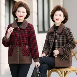 妈妈冬装格子外套加绒加厚洋气棉袄棉服中老年女装秋冬款时尚棉衣