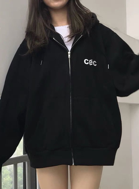 韩版小众潮牌cec字母炭灰色卫衣开衫宽松拉链连帽加绒加厚外套女