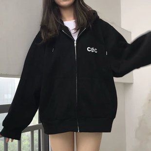 韩版小众潮牌cec字母炭灰色卫衣开衫宽松拉链连帽加绒加厚外套女