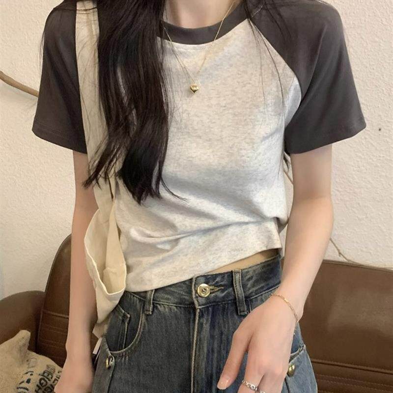 美式辣妹撞色插肩袖灰色短袖t恤女夏季别致漂亮减龄正肩短款上衣