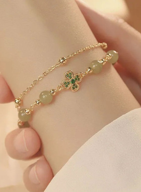 中国风四叶草手串女小众设计新款古风手链双层叠戴珠子女款