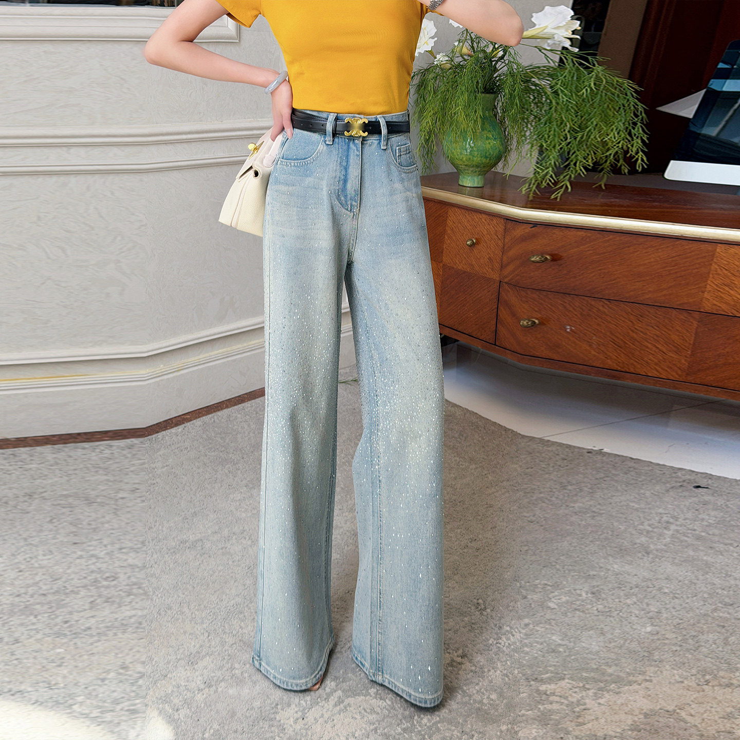 【新品88折】高级感烫钻高腰阔腿牛仔裤做旧水洗垂坠感闪钻拖地裤