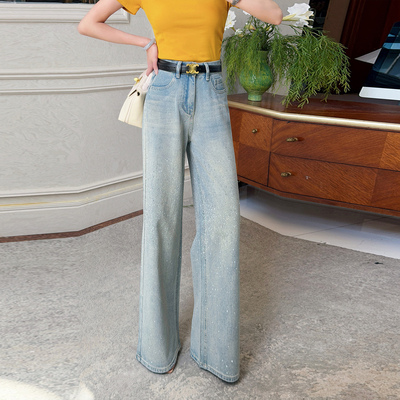 飞姐定制2026高级感烫钻高腰阔腿牛仔裤做旧水洗垂坠感闪钻拖地裤