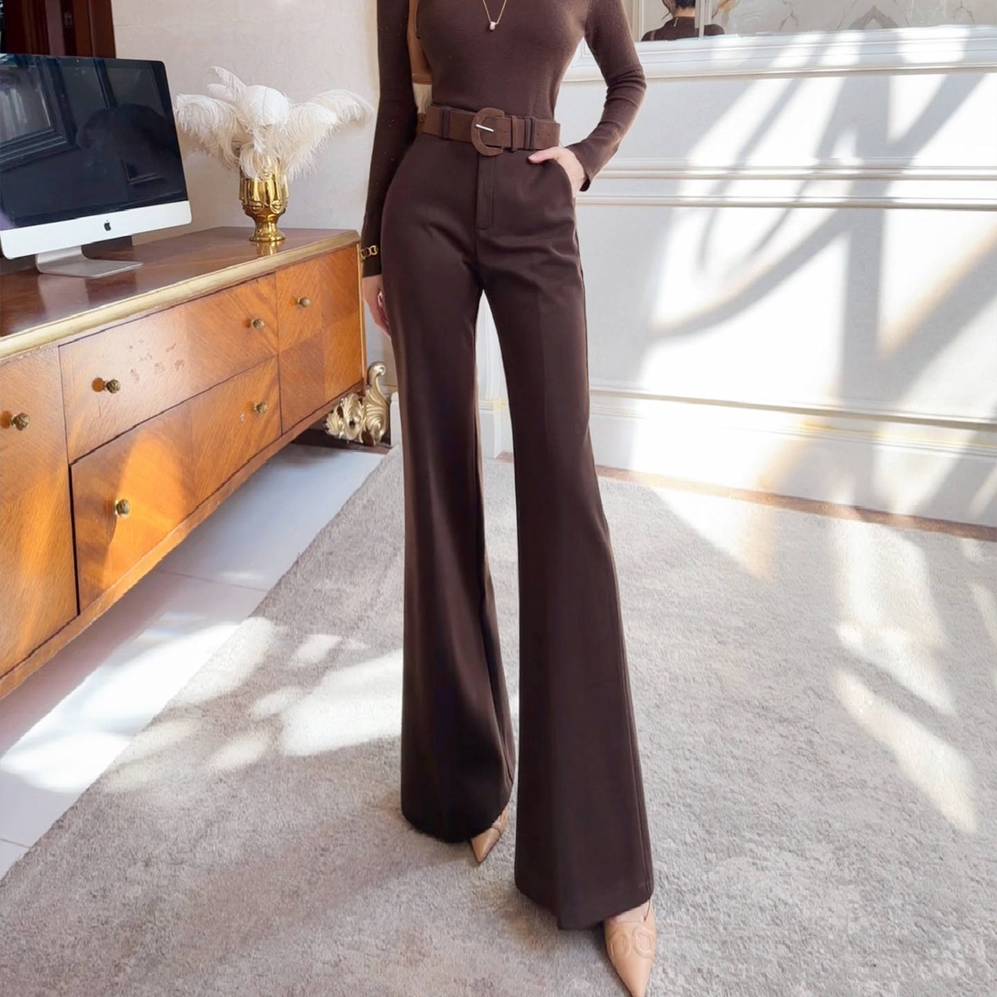 【新品9折】加绒加厚气质休闲高腰阔腿裤女2025款微喇休闲长裤