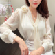 衬衫 飞姐定制2026春韩版 V领灯笼袖 雪纺衫 上衣 立体花丝带领长袖