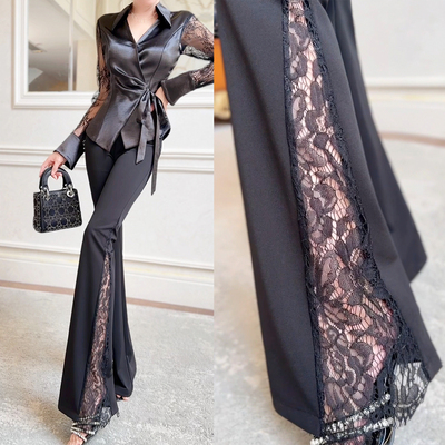 飞姐定制黑色蕾丝拼接喇叭裤女高品质显瘦西装休闲裤拖地长裤