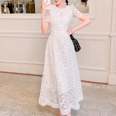 飞姐定制重工设计法式连衣裙气质短袖收腰西安搜镂空A字裙子