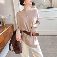 【新品9折】一字肩宽松织衫女蝙蝠袖宽松显瘦内搭打底上衣配腰带