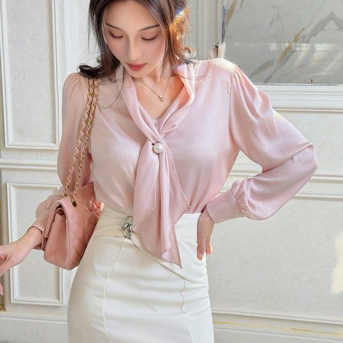 飞姐定制2026韩版通勤高级感围巾领气质衬衫宽松灯笼袖雪纺衫上衣