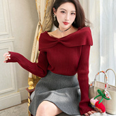 飞姐定制2026春韩版 蝴蝶结一字领露肩针织衫 气质显瘦内搭打底上衣