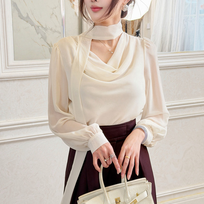 飞姐定制2026春装韩版女人味丝巾荡领雪纺衫气质泡泡袖衬衫上衣