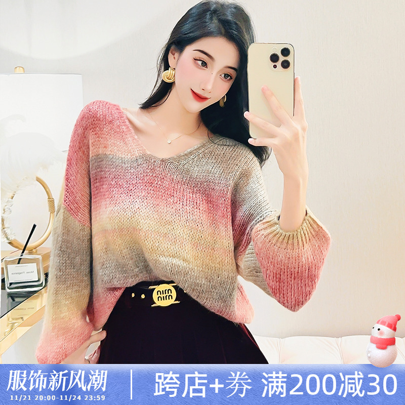 多巴胺撞色条纹毛衣2023年秋冬新款女小个子宽松显高百搭针织上衣