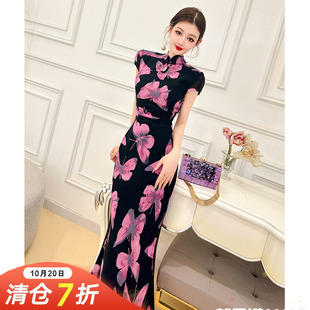 气质短袖 新款 蝴蝶雪纺连衣裙 复古改良旗袍裙女夏季 飞姐定制新中式