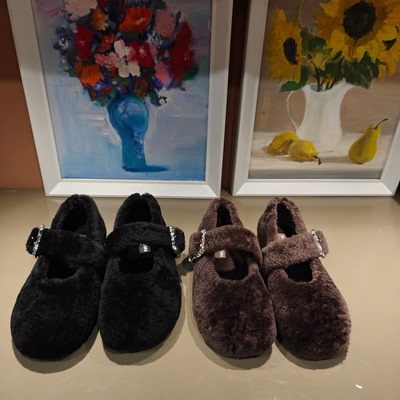 2025秋欧货新款平底羊毛玛丽珍毛毛鞋女圆头平跟一字扣带加绒单鞋