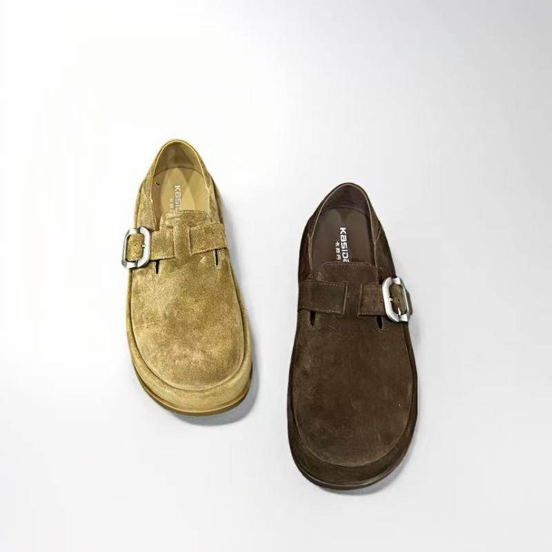 2025秋新品欧货牛反绒厚底单鞋女深口扣带乐福鞋舒适百搭勃肯女鞋