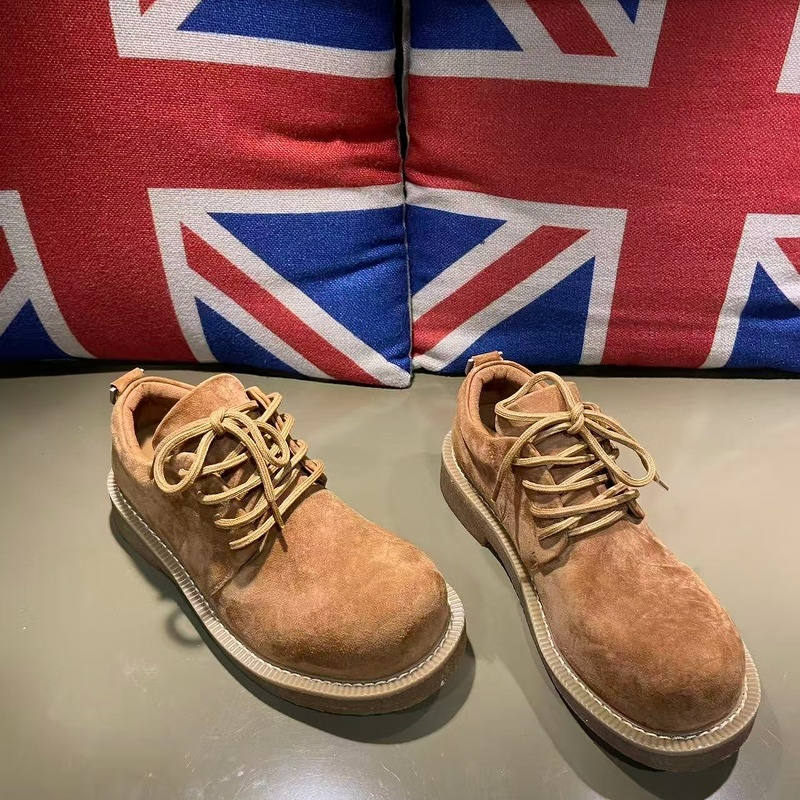 2025秋新品欧货牛反绒厚底大头鞋女圆头深口平底系带休闲百搭单鞋