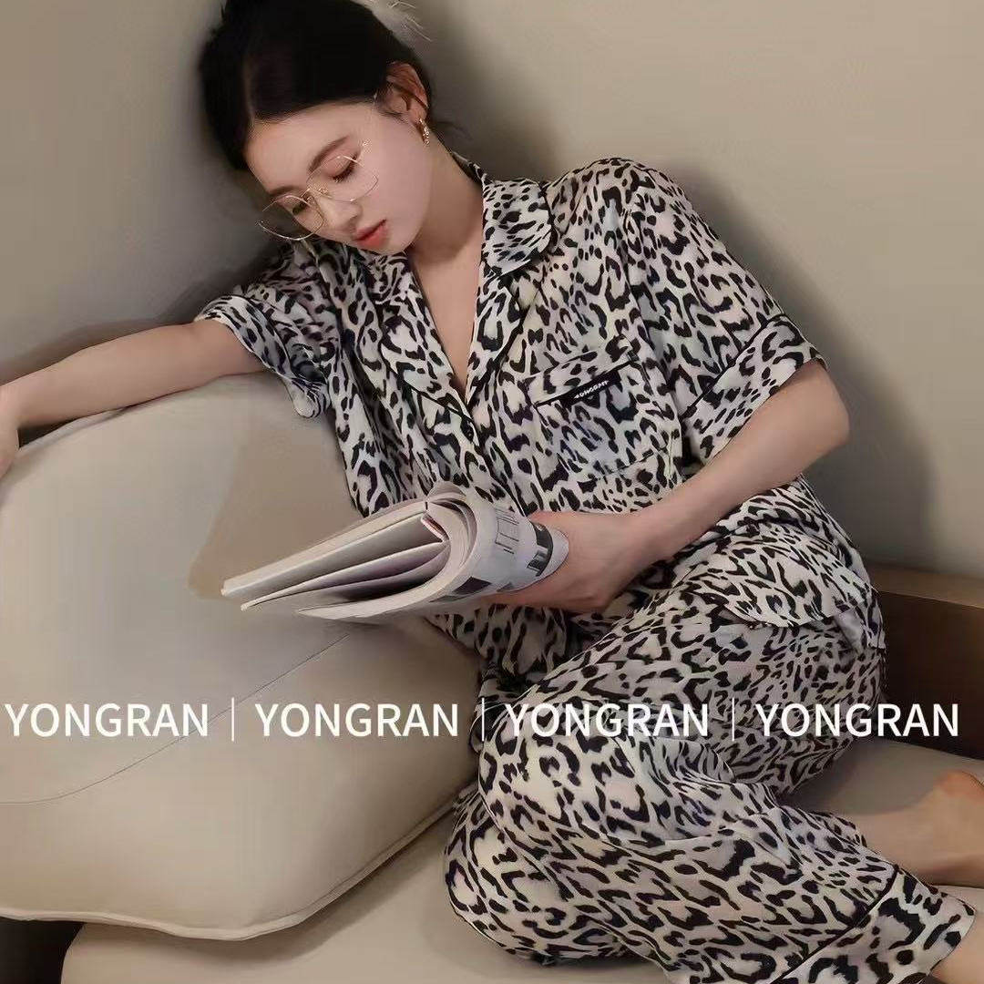 雍然YONGRAN慵懒豹纹点夏季睡衣短袖长裤南韩丝冰丝贡缎丝家居服