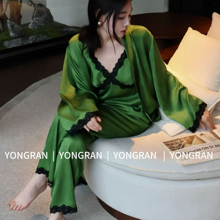 雍然正品三件套睡衣女款南韩丝绿色黑蕾丝吊带睡袍长裤家居服实体