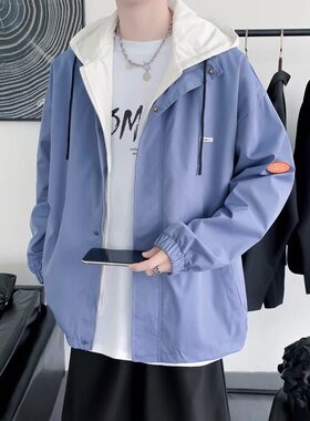 外套男春秋新款韩版潮流ins潮牌假两件连帽夹克秋季学生休闲上衣