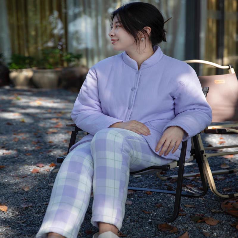 冬款国潮立领小棉服家居服套装睡衣秋冬加厚夹棉情侣套装中式棉服