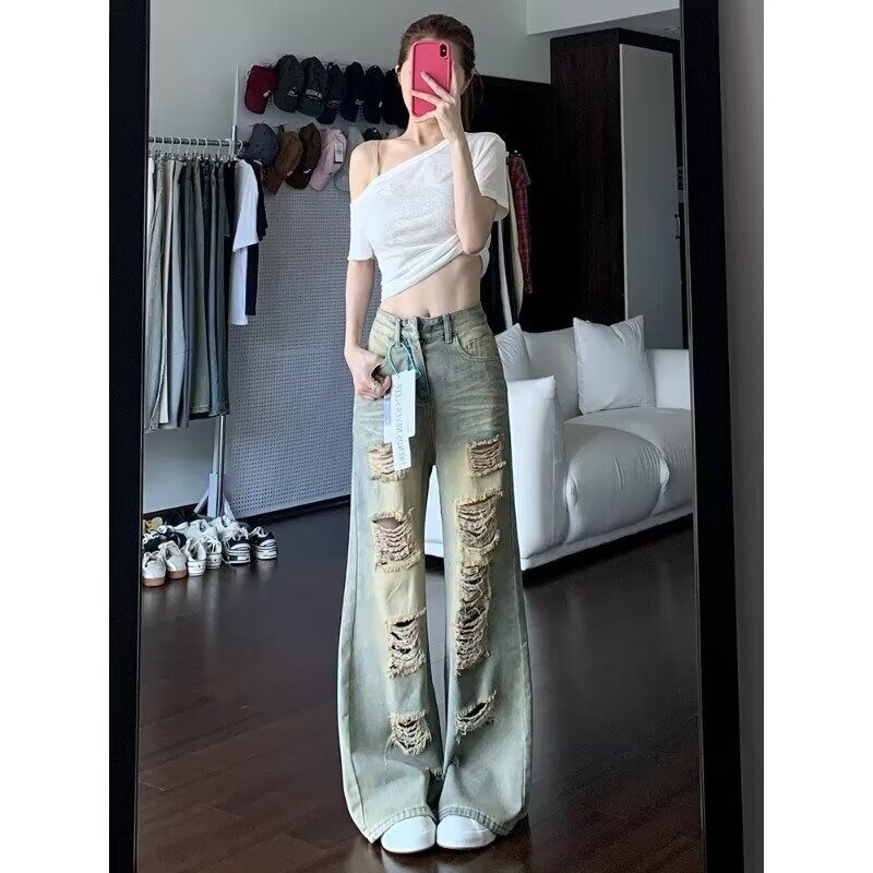 破洞牛仔裤女夏季新款宽松阔腿裤美式高街做旧复古辣妹百搭拖地裤