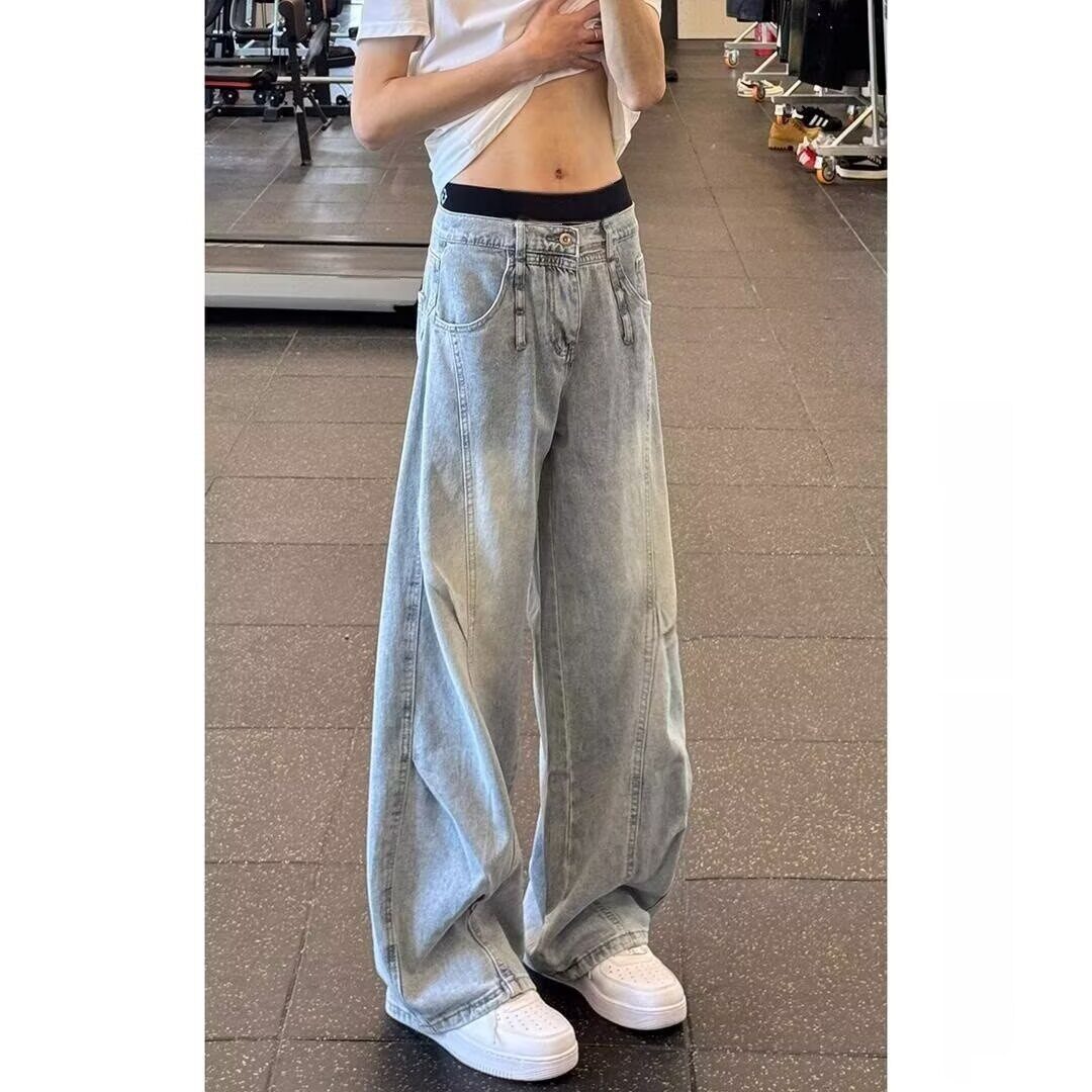 美式复古脏染水洗做旧解构弯刀牛仔裤女宽松阔腿裤长裤子