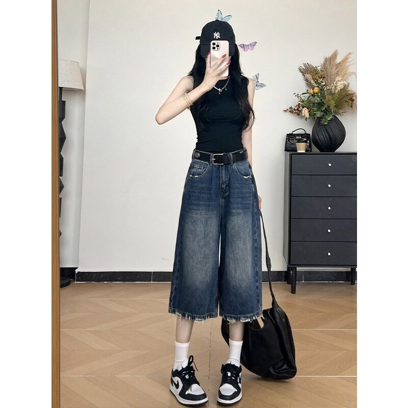 七分牛仔阔腿裤女春夏新款2026爆款高腰宽松显瘦潮流百搭休闲裤子图片