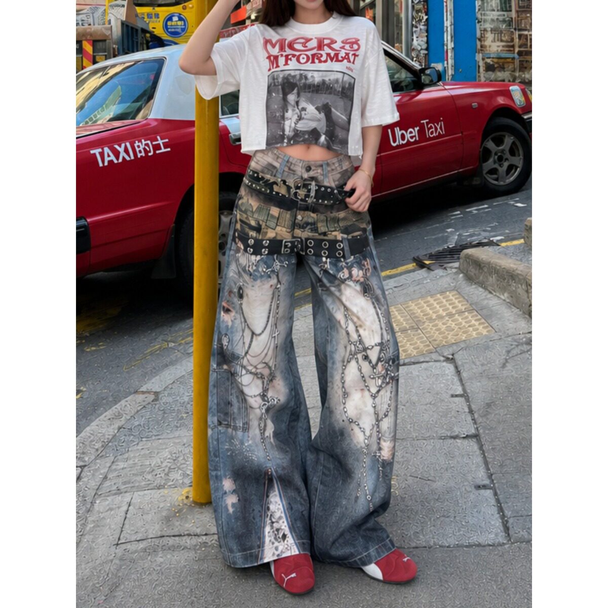 2026款朋克亚比风3D腰带迷彩拼接牛仔裤男女同款做旧宽松阔腿长裤