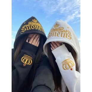 美式街头皇冠字母设计连帽卫衣男女秋冬学院风宽松重磅上衣
