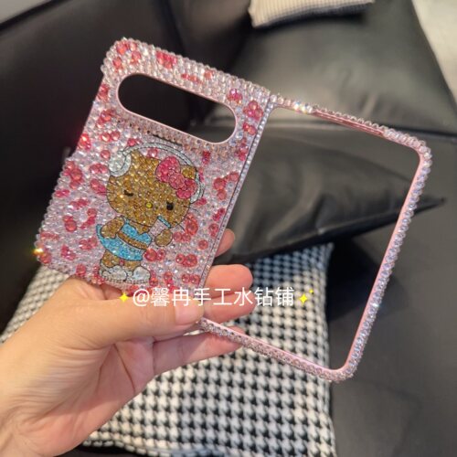 苹果18Duo华为puraxmax典藏版豹纹黑皮kt猫手机水钻折叠purax