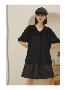 ANN and SAM 可爱双层娃娃领黑色泡泡短袖衬衫 2024春夏