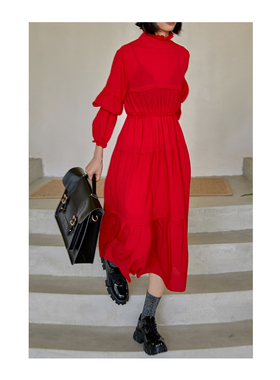 ANN and SAM   双色重工红色连衣裙长款裙2024春夏新品