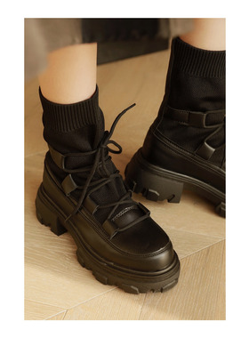 85折上新ANNandSAM酷到不行针织连袜松糕马丁靴机车靴2025秋冬新