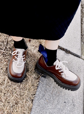 新品ANN and SAM 撞色拼接英伦绑带帅气哭了松糕底方头双色小皮鞋