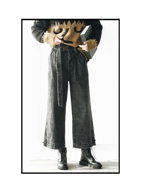 ANN and SAM 高腰 系带帅气铁灰色牛仔阔腿裤2024新品春夏女