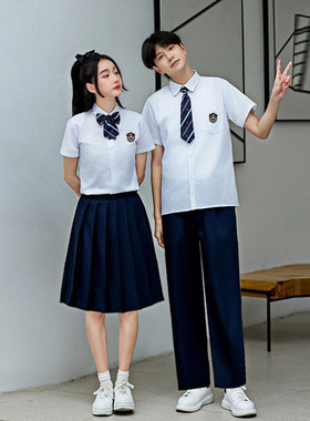 校服学院风白衬衫藏蓝色百褶裙青少年女装学生初中生高中毕业班服