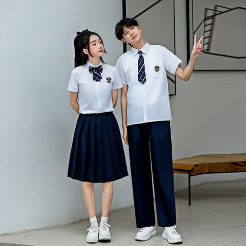 学院风白衬衫藏蓝色百褶裙初中生