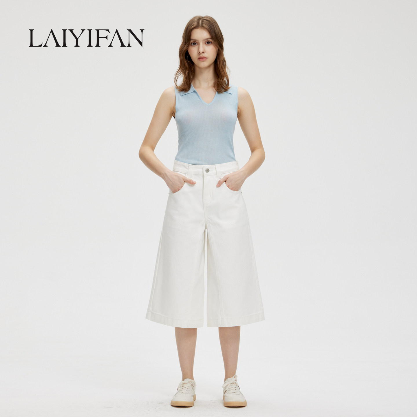 LAIYIFAN【白色荃棉】自由松弛感水洗牛仔中裤女款宽边阔腿七分裤
